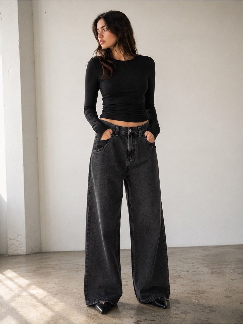 John Galt Wide Leg Baggy Jeans Washed Black Slouchy Pants Cotton Size 27 - Picture 1 of 7